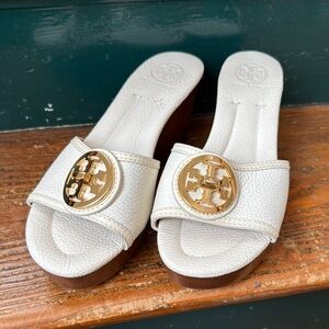 Tory Burch White Slide Heels with Gold Logo